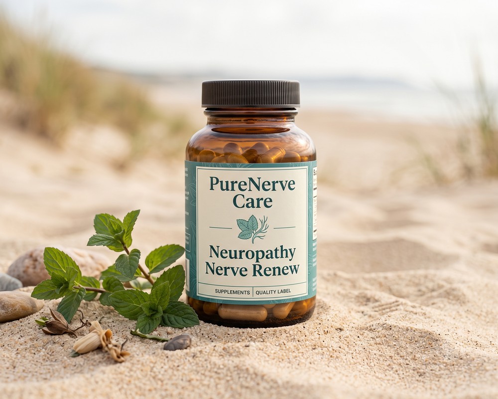 Amber bottle of PureNerve Care Neuropathy Nerve Renew resting on warm sand with soft teal props